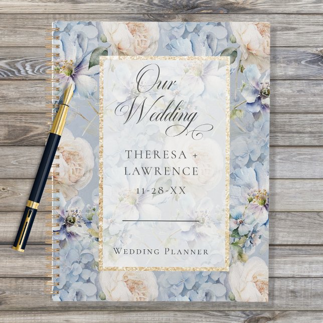 Agenda Boda de marco dorado floral azul y blanco ruso (Subido por el creador)