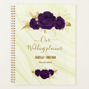 Agenda boda de mármol floral de oro púrpura real