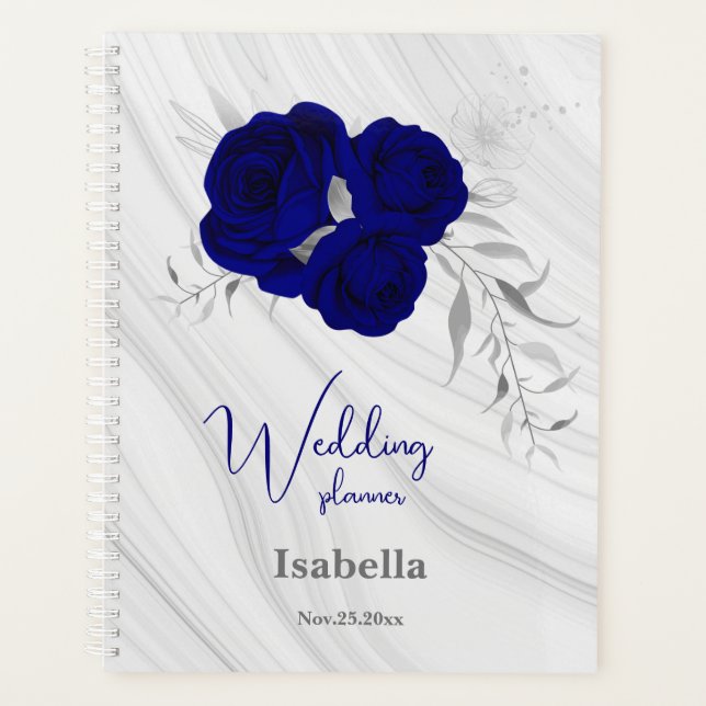 Agenda boda de mármol floral de plata azul real (Anverso)