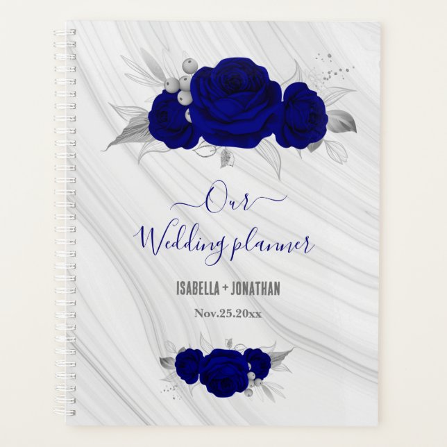 Agenda boda de mármol floral de plata azul real (Anverso)