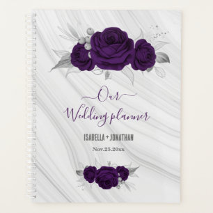 Agenda boda de mármol floral de plata púrpura real