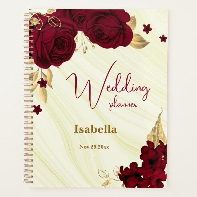 Agenda boda de mármol floral dorado borgoña (Anverso)