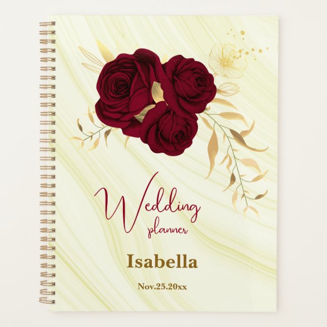 Agenda boda de mármol floral dorado borgoña (Anverso)