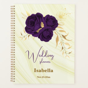 Agenda boda de mármol floral dorado púrpura real