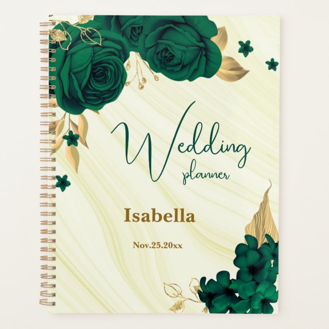 Agenda boda de mármol floral oro verde esmeralda (Anverso)