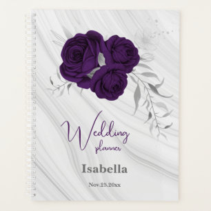 Agenda boda de mármol floral plateado púrpura real