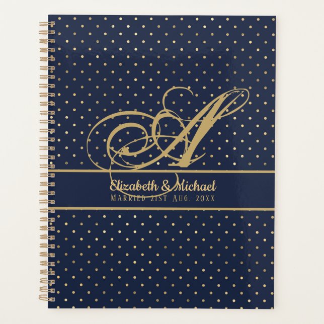 Agenda Boda de Monorgam Navy Blue Gold Polkadot Newlyweds (Anverso)