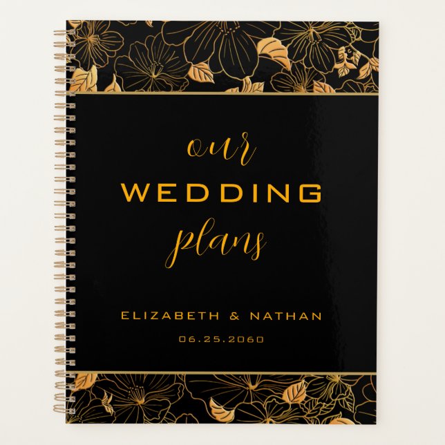 Agenda Boda de patrón floral dorado y negro de lujo (Anverso)
