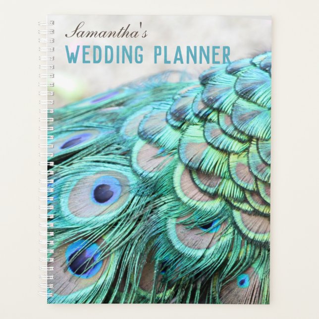 Agenda Boda de plumas de pavo real elegantes y personaliz (Anverso)