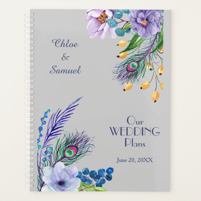 Agenda Boda de plumas florales Blue Boho (Anverso)