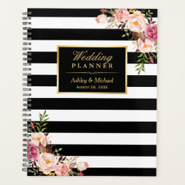 Agenda Boda de rayas blancas negras rosadas florales Gold