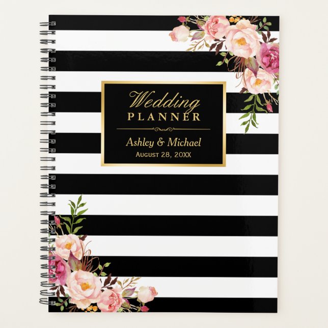 Agenda Boda de rayas blancas negras rosadas florales Gold (Anverso)