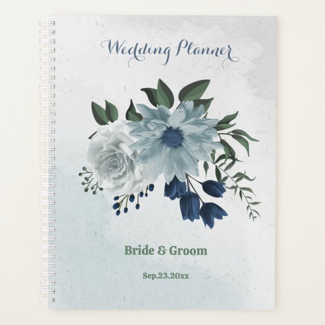 Agenda boda de vegetación floral blanca y azul (Anverso)
