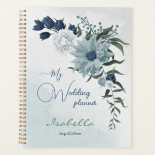 Agenda boda de vegetación floral blanca y azul