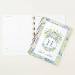 Agenda Boda del Escudo de hidrangea azul y blanca