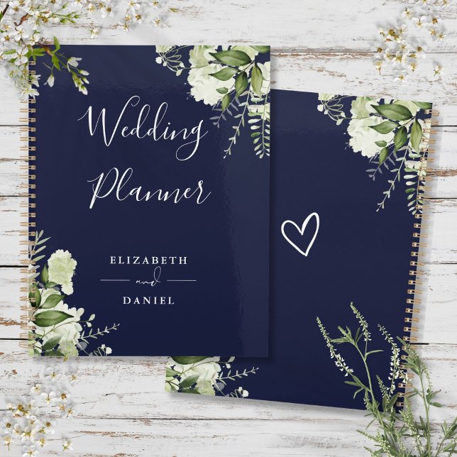 Agenda Boda elegante de flores verdes azul marino (Elegant Floral Greenery Navy Blue Wedding Planner)