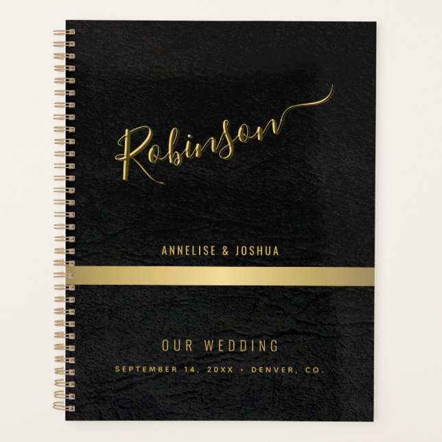 Agenda Boda elegante de oro y escritura moderna en negro (Anverso)