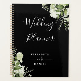 Agenda Boda elegante floral verde negro y blanco