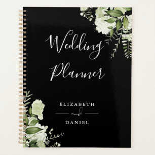 Agenda Boda elegante floral verde negro y blanco