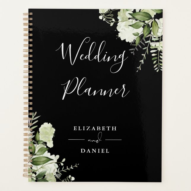 Agenda Boda Elegante Floral Verde Negro y Blanco (Anverso)
