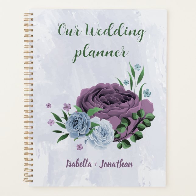 Agenda Boda floral azul polvoriento morado (Anverso)
