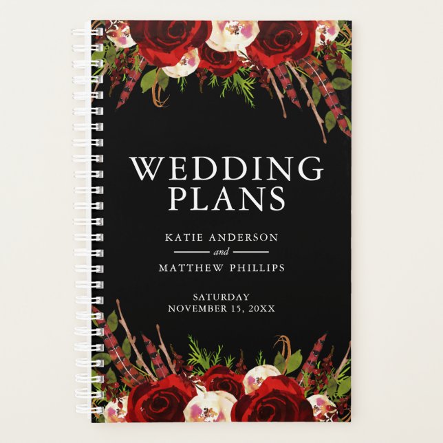 Agenda Boda Floral Boho de Burgundy Negro (Anverso)