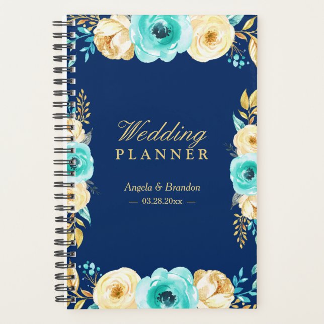 Agenda Boda floral de oro Verde azulado azul de la Marina (Anverso)