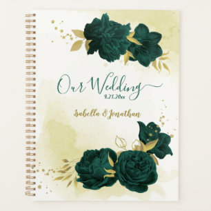 Agenda boda floral verde esmeralda dorado