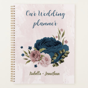 Agenda boda flores azul marino rosa