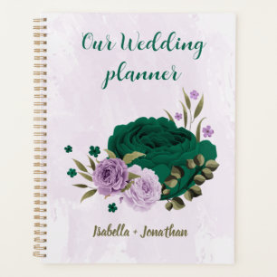 Agenda boda flores púrpura verde esmeralda