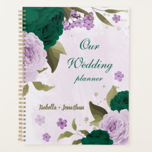 Agenda boda flores púrpura verde esmeralda