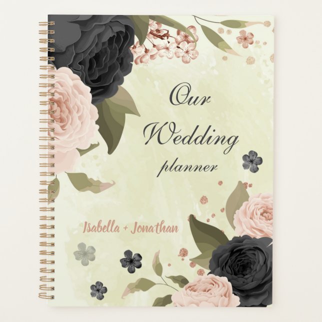 Agenda boda flores rosadas rubor negro (Anverso)
