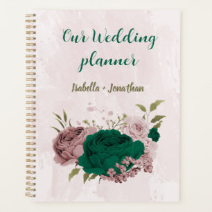 Agenda boda flores rosadas verde esmeralda