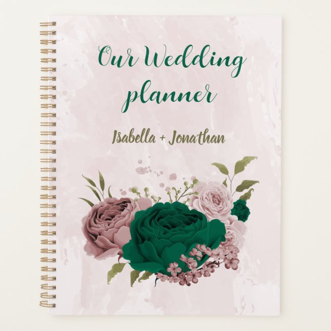 Agenda boda flores rosadas verde esmeralda (Anverso)