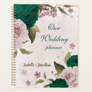 Agenda boda flores rosadas verde esmeralda