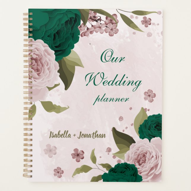 Agenda boda flores rosadas verde esmeralda (Anverso)