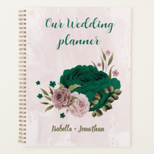 Agenda boda flores rosadas verde esmeralda