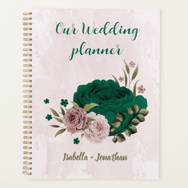 Agenda boda flores rosadas verde esmeralda (Anverso)