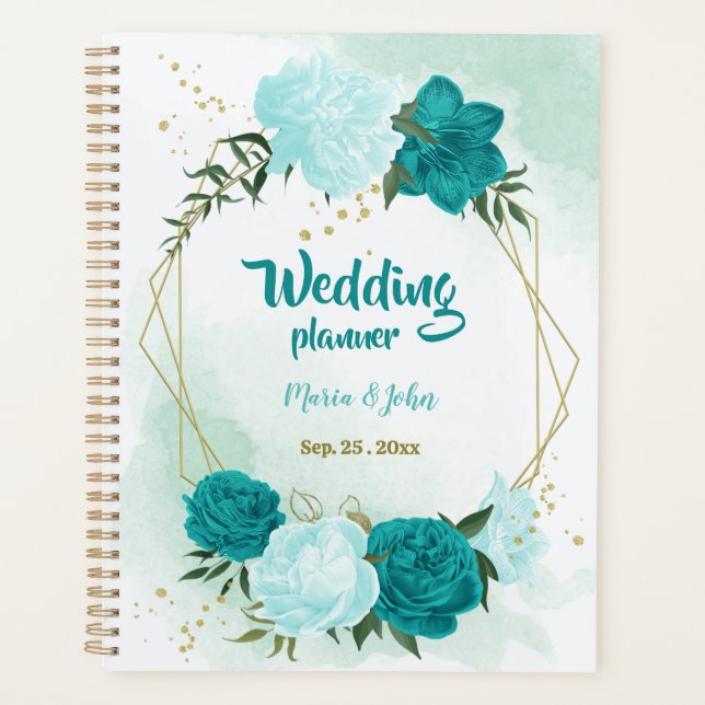 Agenda boda flores verde turquesa y azul claro (Anverso)