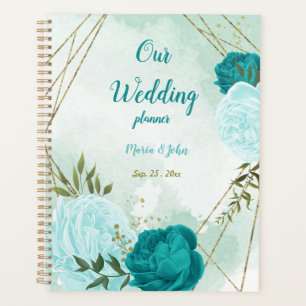 Agenda boda flores verde turquesa y azul claro