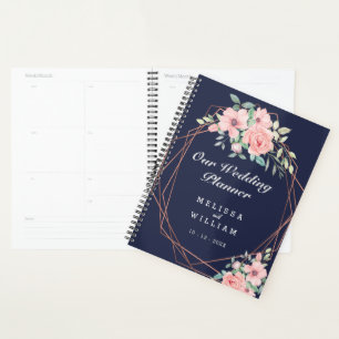 Agenda Boda geométrica de acuarela floral de color rosa y