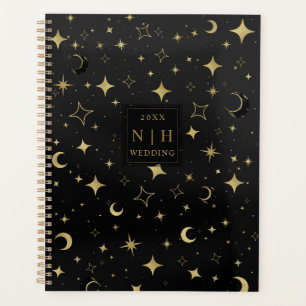 Agenda Boda moderna de luna y estrellas celestes en negro