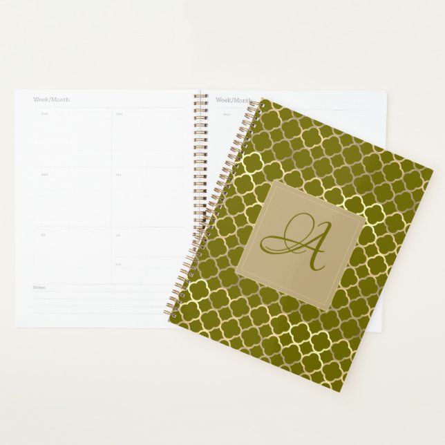 Agenda Boda Monograma Green Gold Quatrefoil Newlyweil (Demostración)