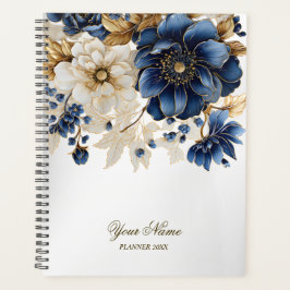 Agenda Boda Navy Blue White Golden Floral Silver