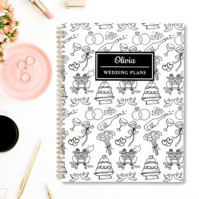 Agenda Boda personalizado negro y blanco caprichoso de la (Chic black and white personalized wedding planner with customizable covers. )