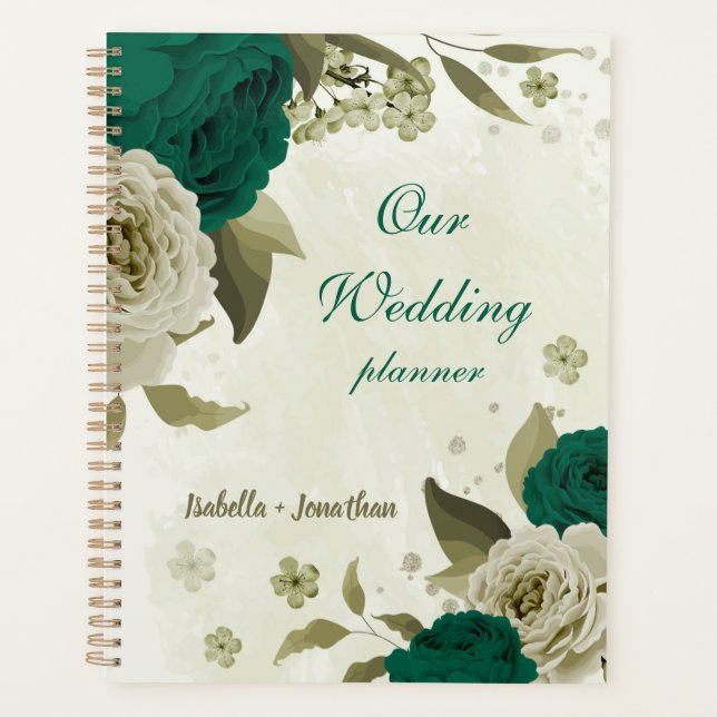 Agenda bodas de flores beige verde esmeralda  (Anverso)