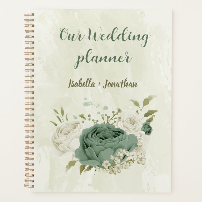 Agenda bodas de flores blancas verde salvia (Anverso)