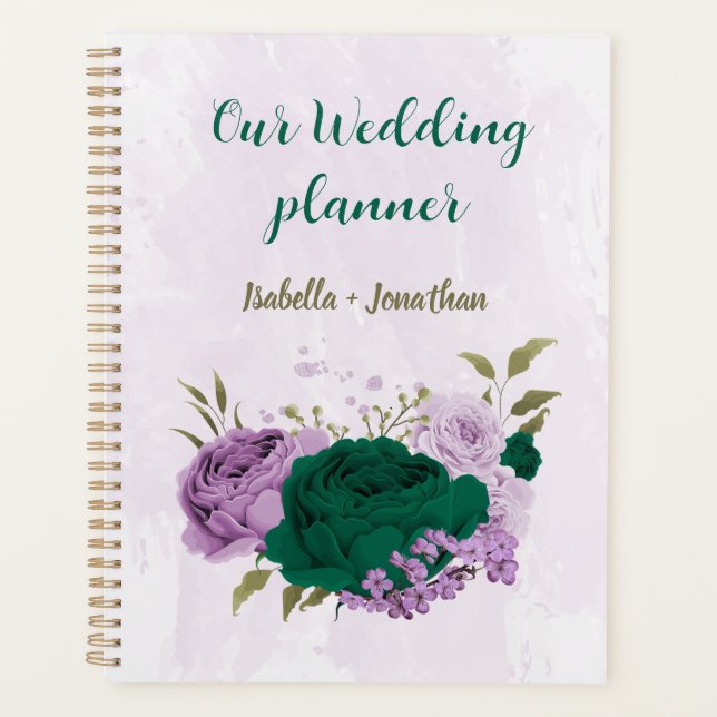 Agenda bodas flores púrpura verde esmeralda (Anverso)