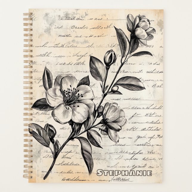 Agenda Boho Floral Marrón Boceto Pergamino Antiguo (Anverso)