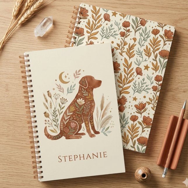 Agenda Boho Floral Silueta de Perro Botánico Terroso (Boho botanical dog silhouette notebook for the dog mom — a unique holiday gift idea.)